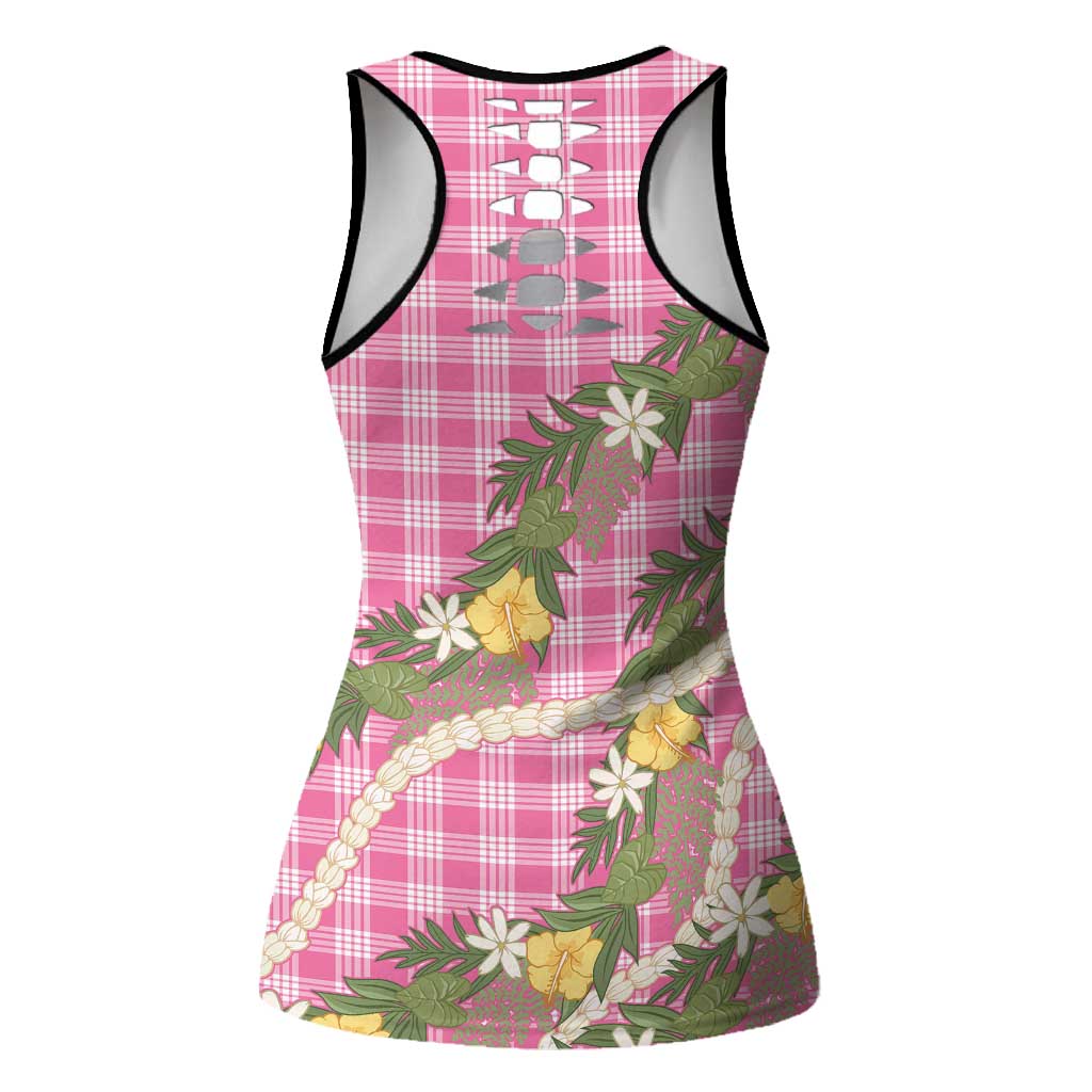Aloha Puakenikeni Anthurium Pikake Lei Hollow Tank Top Tropical Pink Hawaiian Palaka Pattern