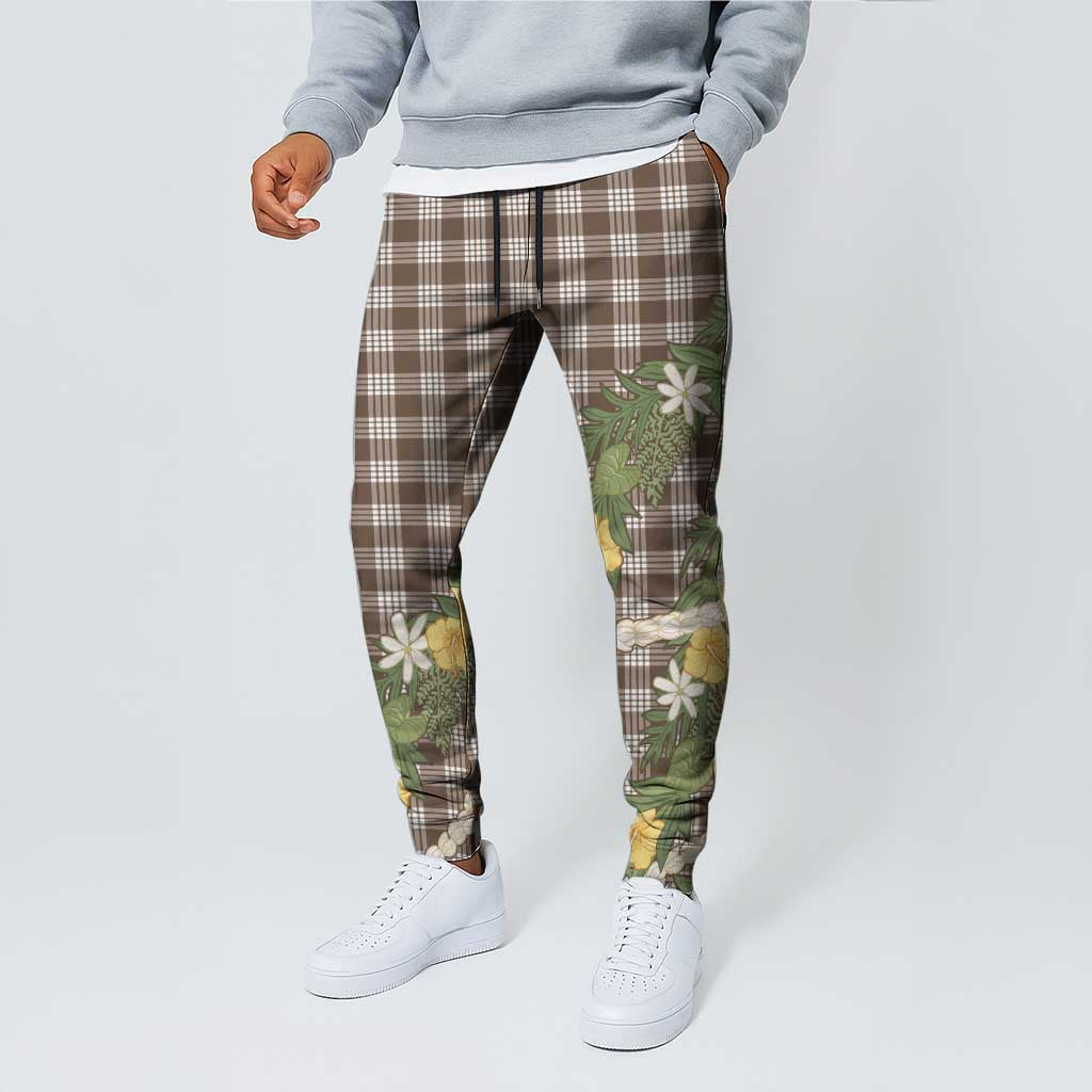 Aloha Puakenikeni Anthurium Pikake Lei Jogger Pants Chocolate Hawaiian Palaka Pattern