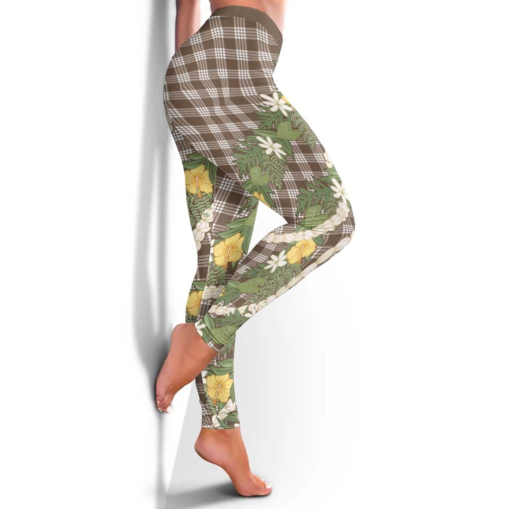 Aloha Puakenikeni Anthurium Pikake Lei Leggings Chocolate Hawaiian Palaka Pattern