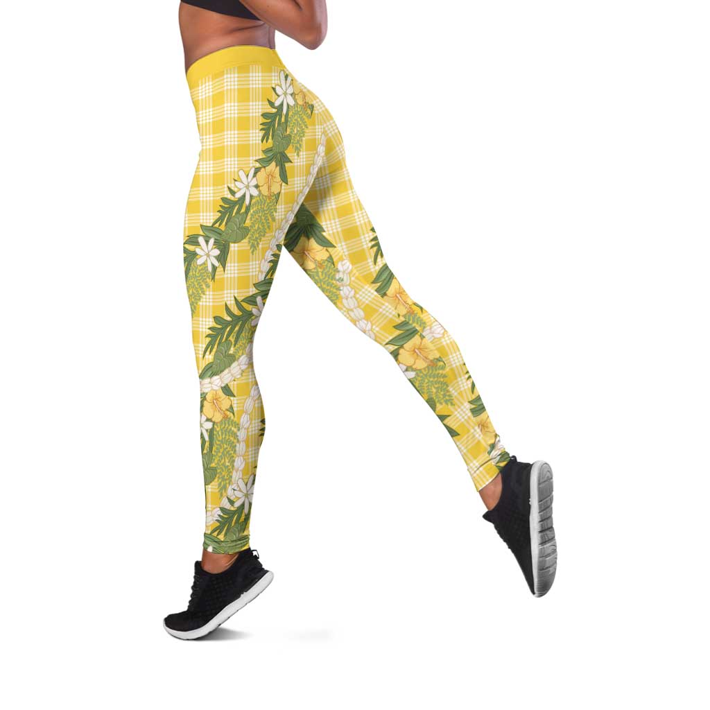 Aloha Puakenikeni Anthurium Pikake Lei Leggings Gold Hawaiian Palaka Pattern