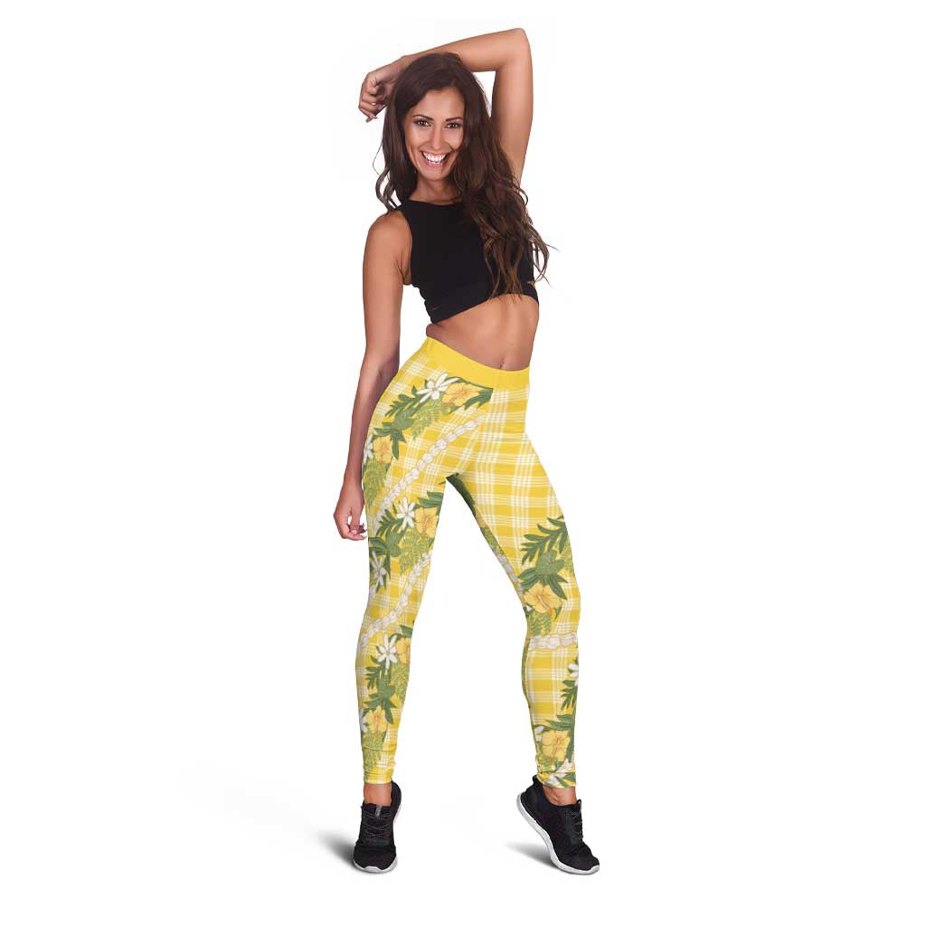 Aloha Puakenikeni Anthurium Pikake Lei Leggings Gold Hawaiian Palaka Pattern