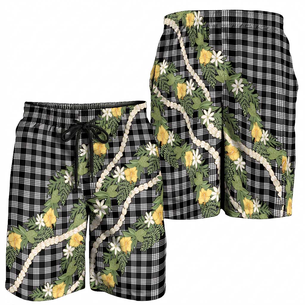 Aloha Puakenikeni Anthurium Pikake Lei Shorts for Men Black Hawaiian Palaka Pattern