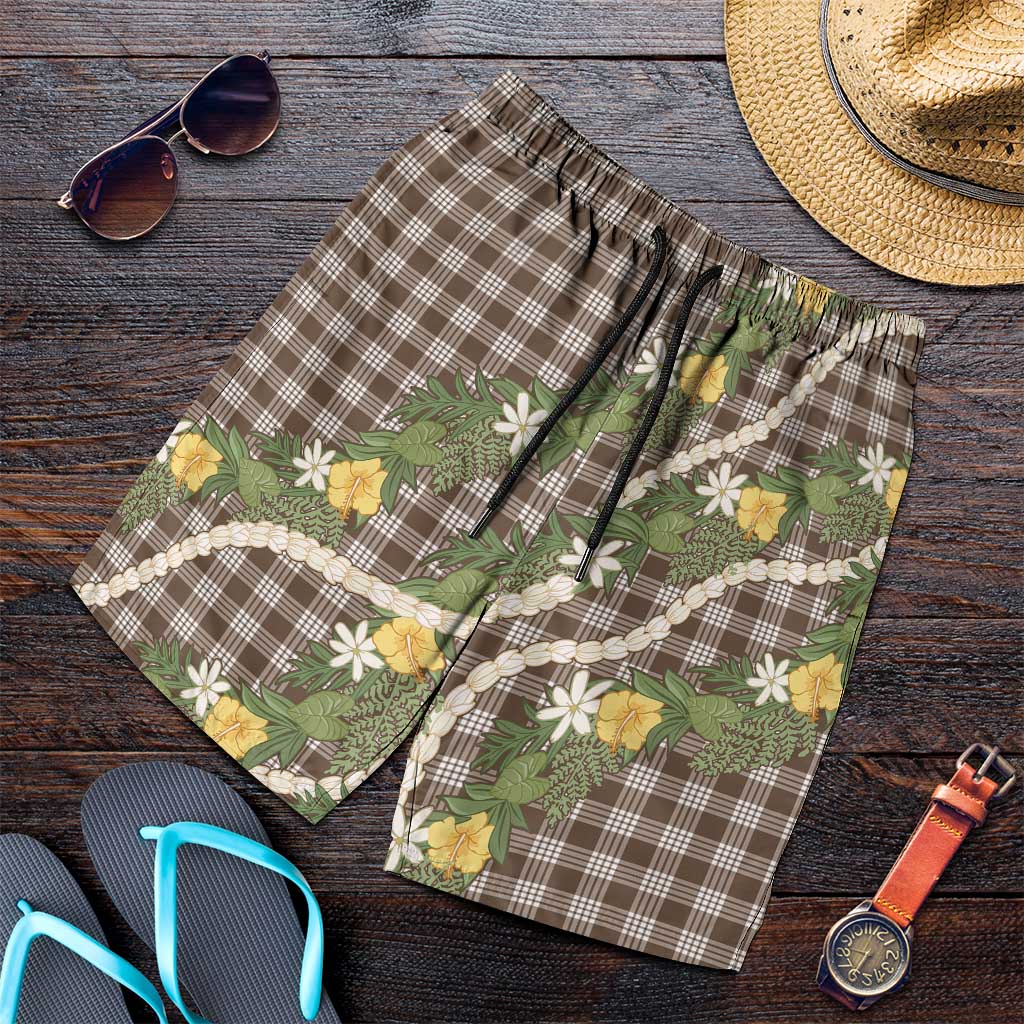 Aloha Puakenikeni Anthurium Pikake Lei Shorts for Men Chocolate Hawaiian Palaka Pattern