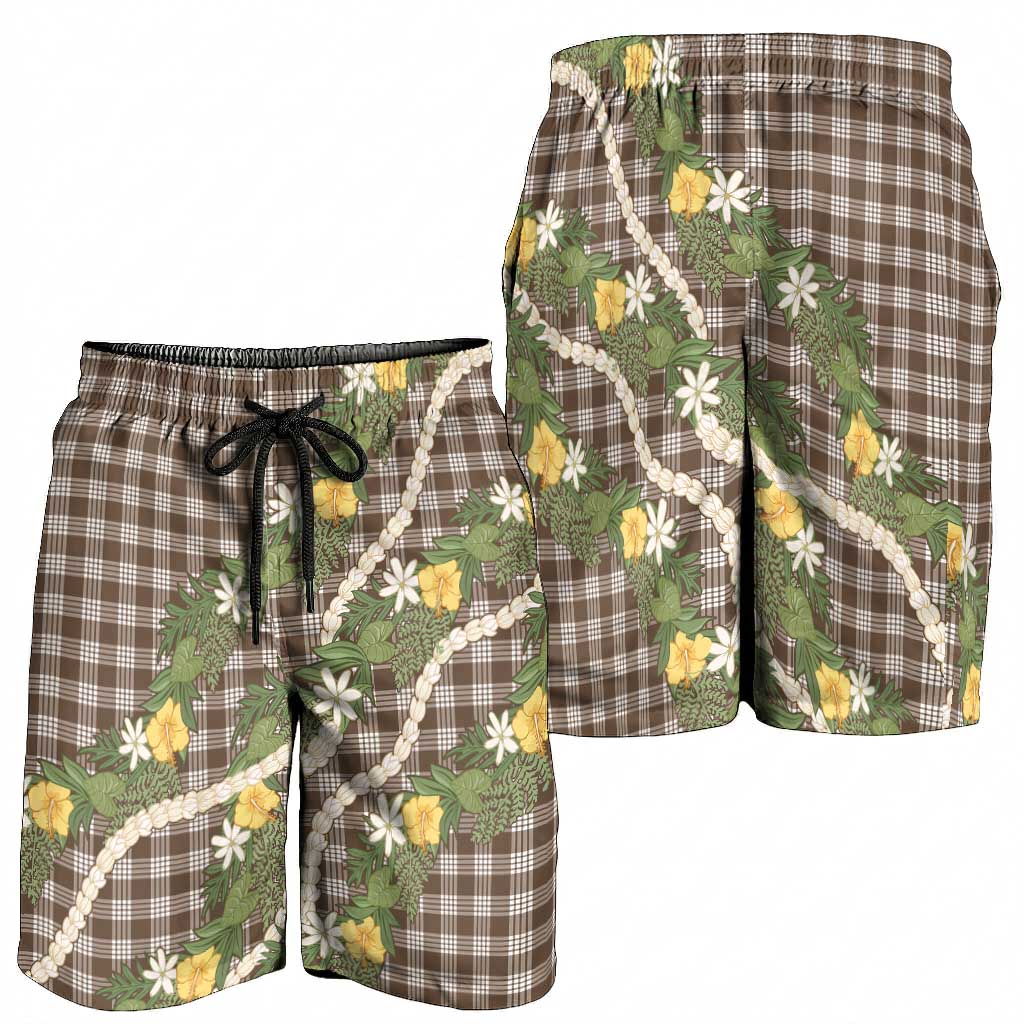 Aloha Puakenikeni Anthurium Pikake Lei Shorts for Men Chocolate Hawaiian Palaka Pattern
