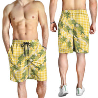 Aloha Puakenikeni Anthurium Pikake Lei Shorts for Men Gold Hawaiian Palaka Pattern
