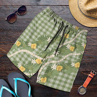 Aloha Puakenikeni Anthurium Pikake Lei Shorts for Men Green Hawaiian Palaka Pattern