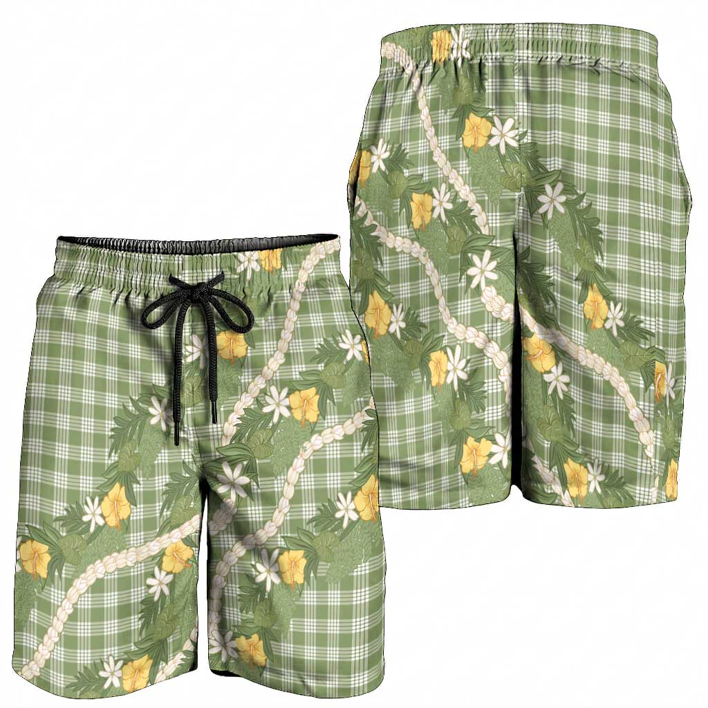 Aloha Puakenikeni Anthurium Pikake Lei Shorts for Men Green Hawaiian Palaka Pattern