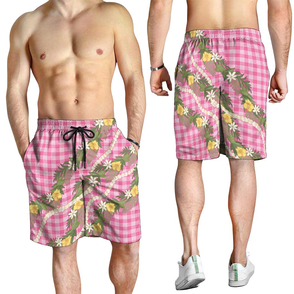 Aloha Puakenikeni Anthurium Pikake Lei Shorts for Men Tropical Pink Hawaiian Palaka Pattern