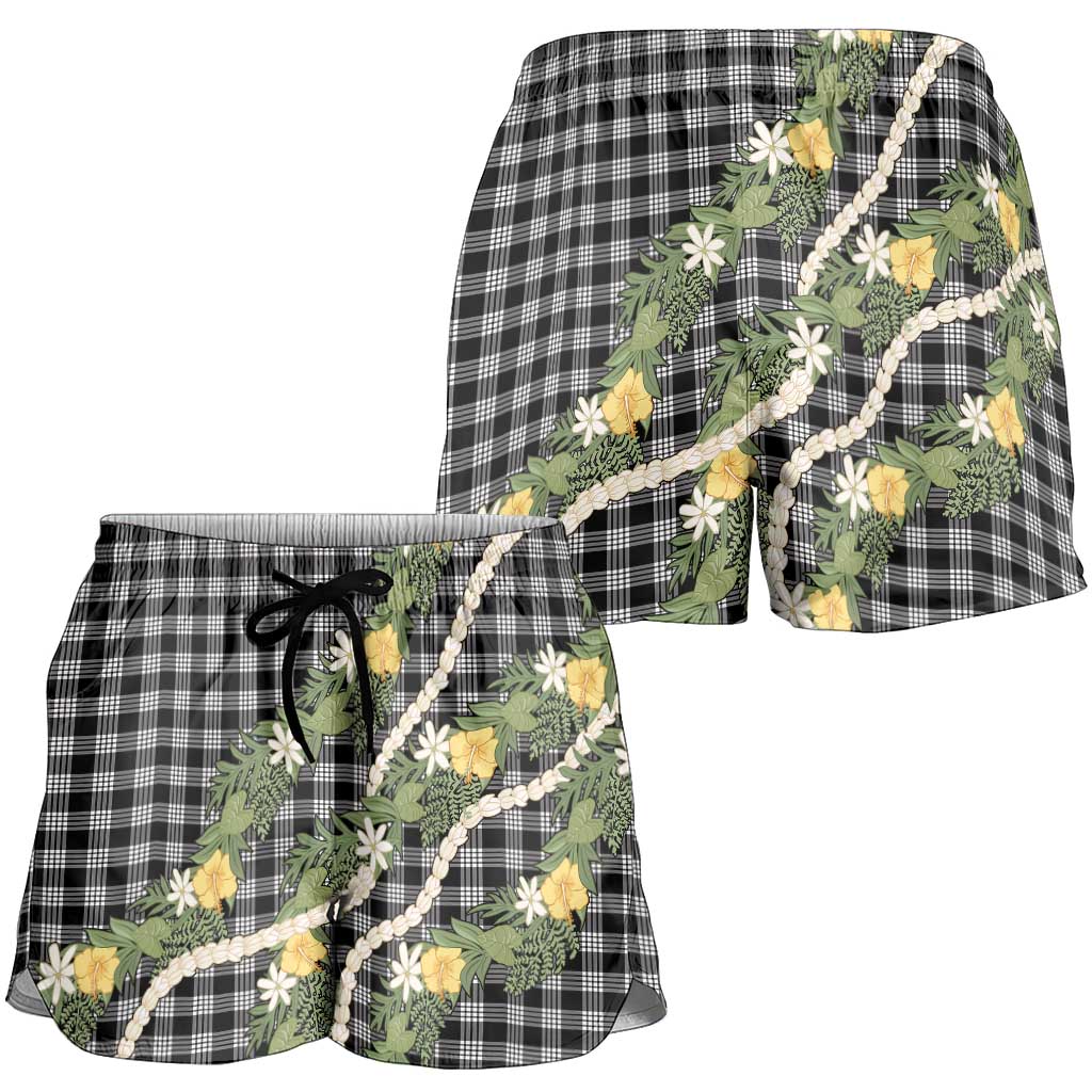 Aloha Puakenikeni Anthurium Pikake Lei Shorts for Women Black Hawaiian Palaka Pattern