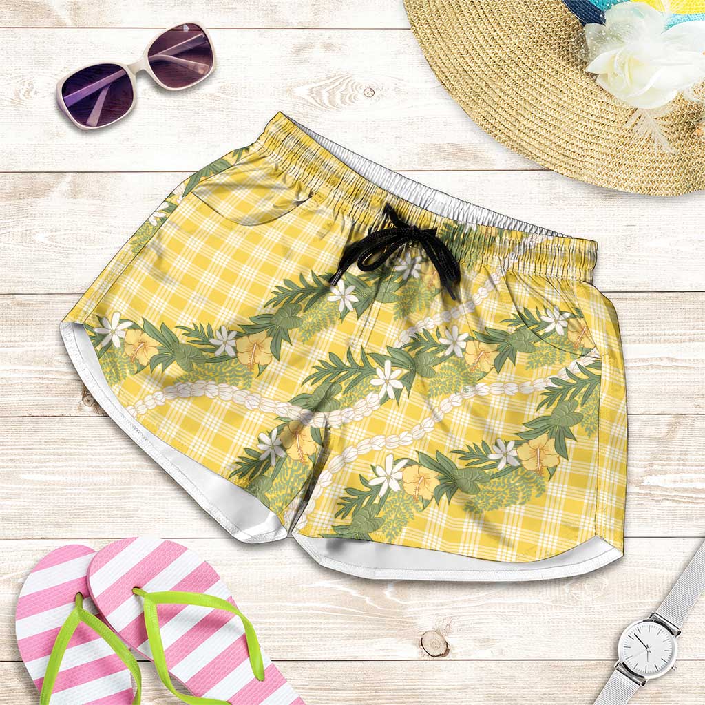 Aloha Puakenikeni Anthurium Pikake Lei Shorts for Women Gold Hawaiian Palaka Pattern