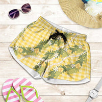 Aloha Puakenikeni Anthurium Pikake Lei Shorts for Women Gold Hawaiian Palaka Pattern