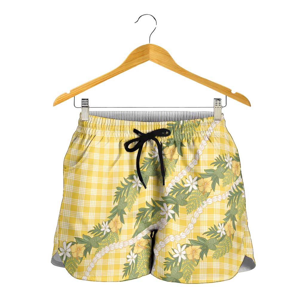 Aloha Puakenikeni Anthurium Pikake Lei Shorts for Women Gold Hawaiian Palaka Pattern
