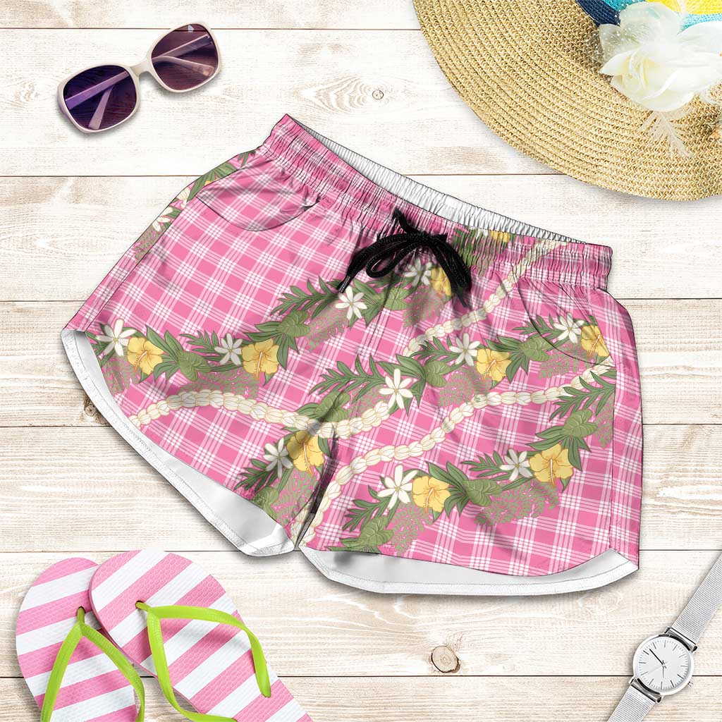 Aloha Puakenikeni Anthurium Pikake Lei Shorts for Women Tropical Pink Hawaiian Palaka Pattern