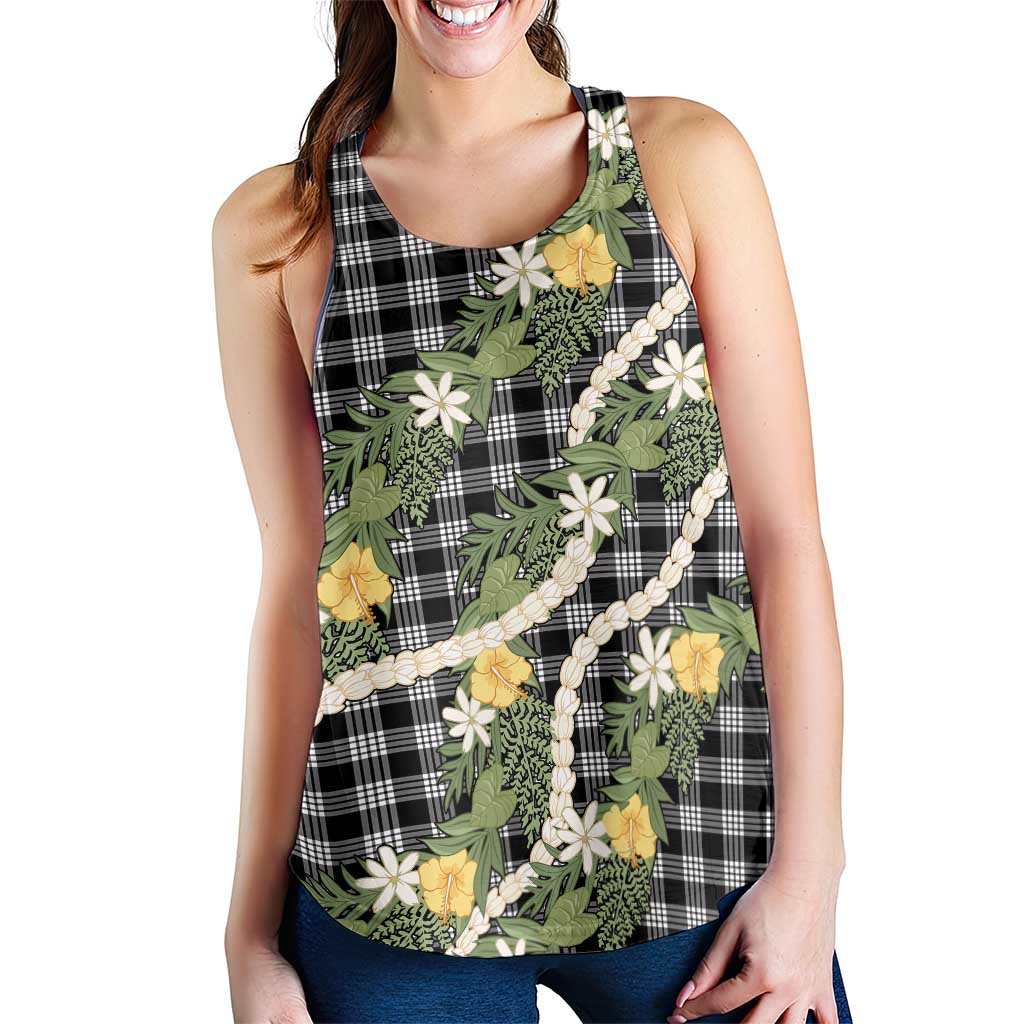 Aloha Puakenikeni Anthurium Pikake Lei Women Racerback Tank Black Hawaiian Palaka Pattern