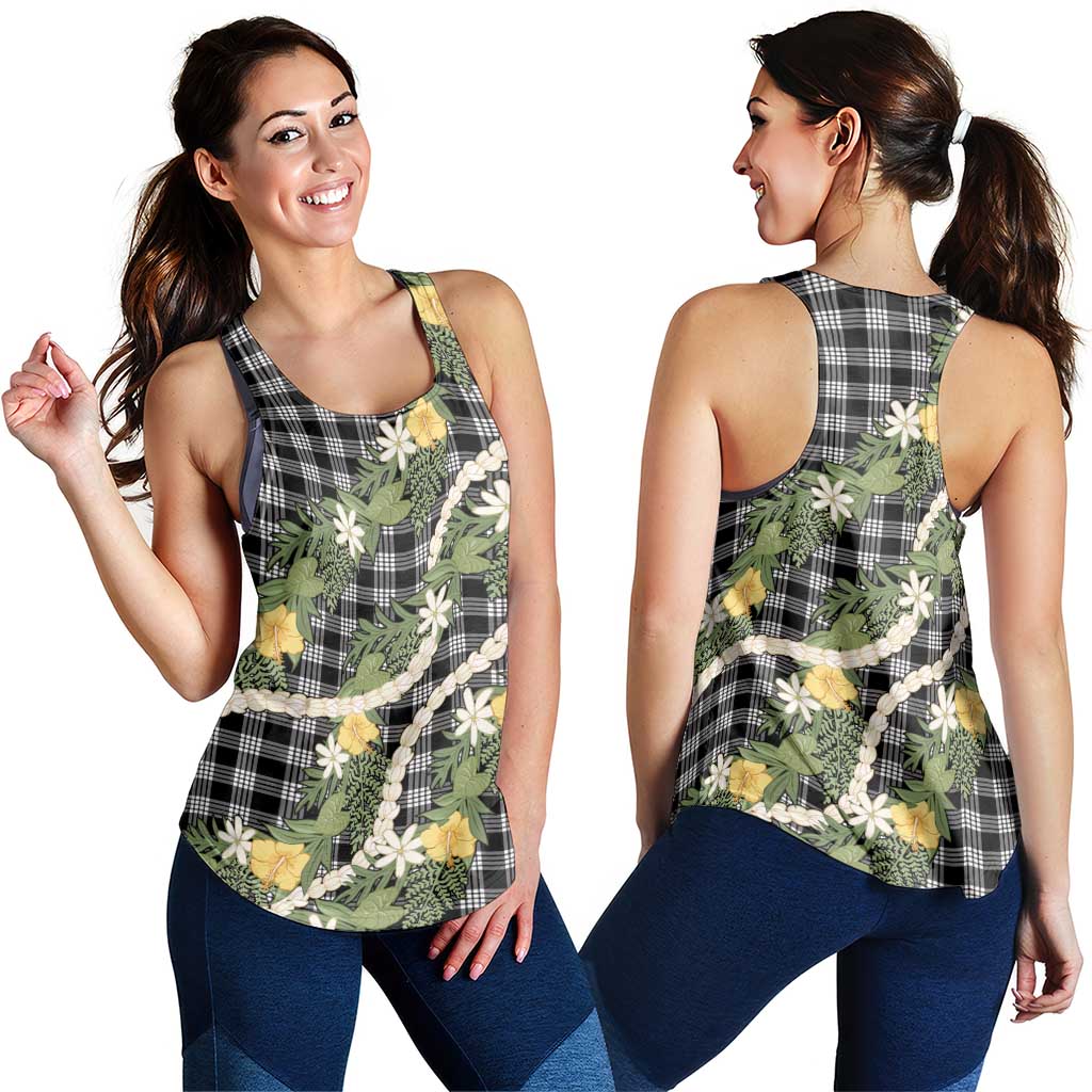 Aloha Puakenikeni Anthurium Pikake Lei Women Racerback Tank Black Hawaiian Palaka Pattern