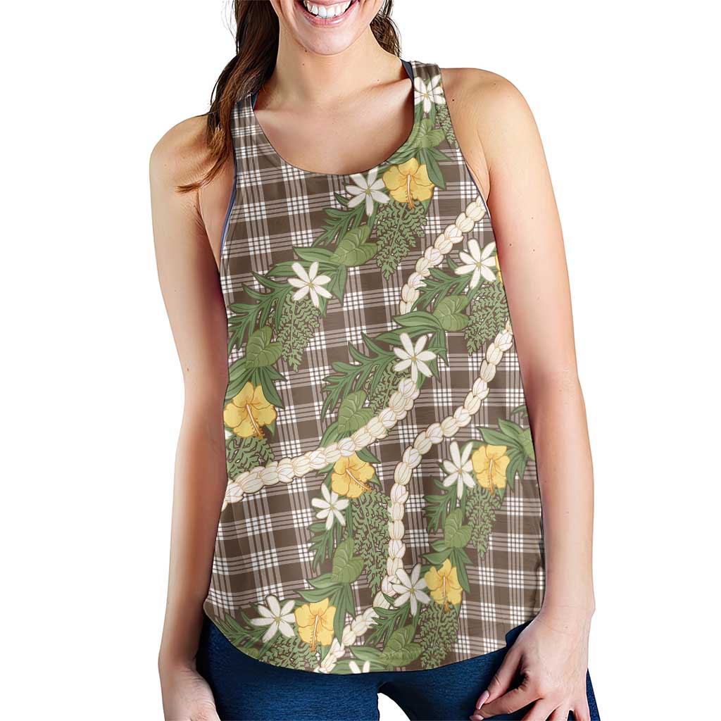 Aloha Puakenikeni Anthurium Pikake Lei Women Racerback Tank Chocolate Hawaiian Palaka Pattern