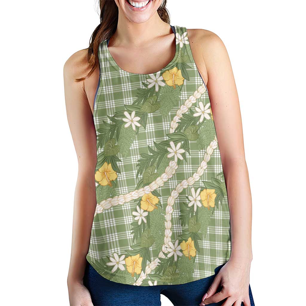 Aloha Puakenikeni Anthurium Pikake Lei Women Racerback Tank Green Hawaiian Palaka Pattern