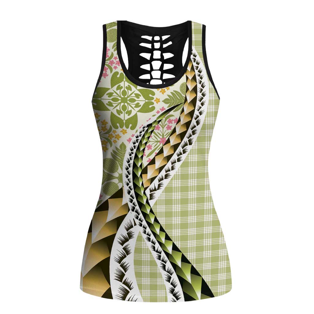 Aloha Vintage Palaka Floral Hawaiian Quilt Hollow Tank Top Omaomao Motif - Polynesian Pride