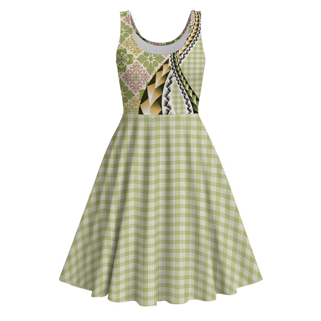 Aloha Vintage Palaka Floral Hawaiian Quilt Midi Dress Omaomao Motif - Polynesian Pride