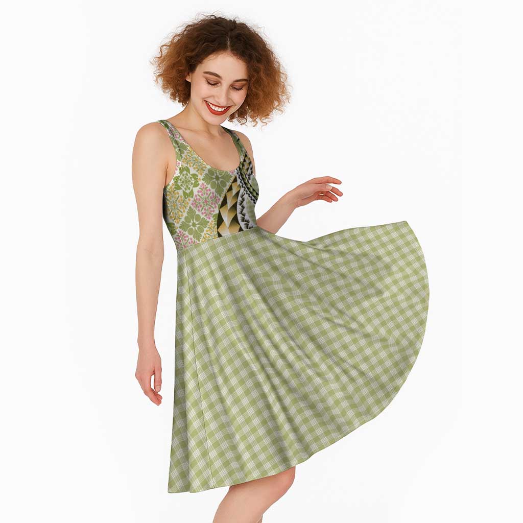 Aloha Vintage Palaka Floral Hawaiian Quilt Midi Dress Omaomao Motif - Polynesian Pride