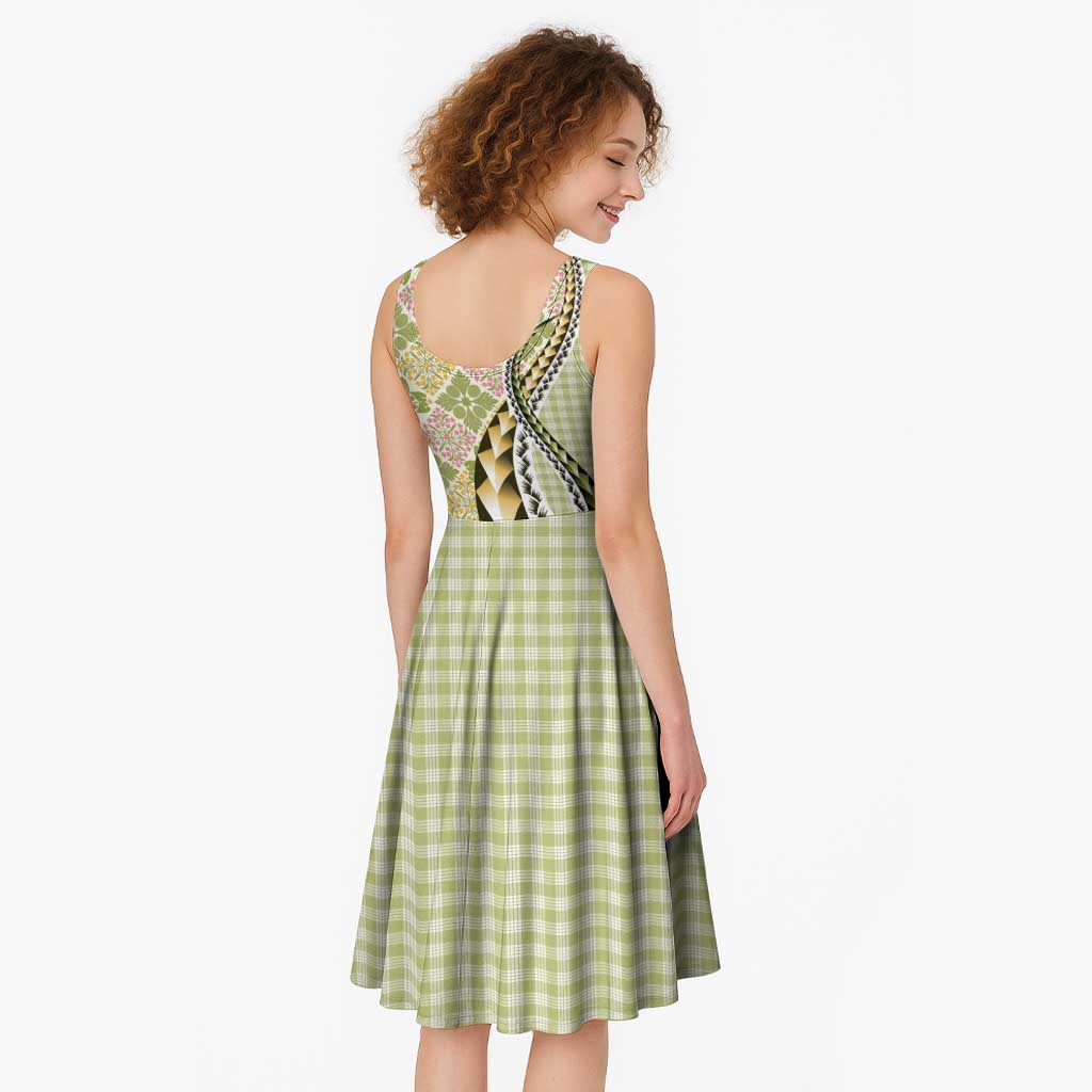 Aloha Vintage Palaka Floral Hawaiian Quilt Midi Dress Omaomao Motif - Polynesian Pride