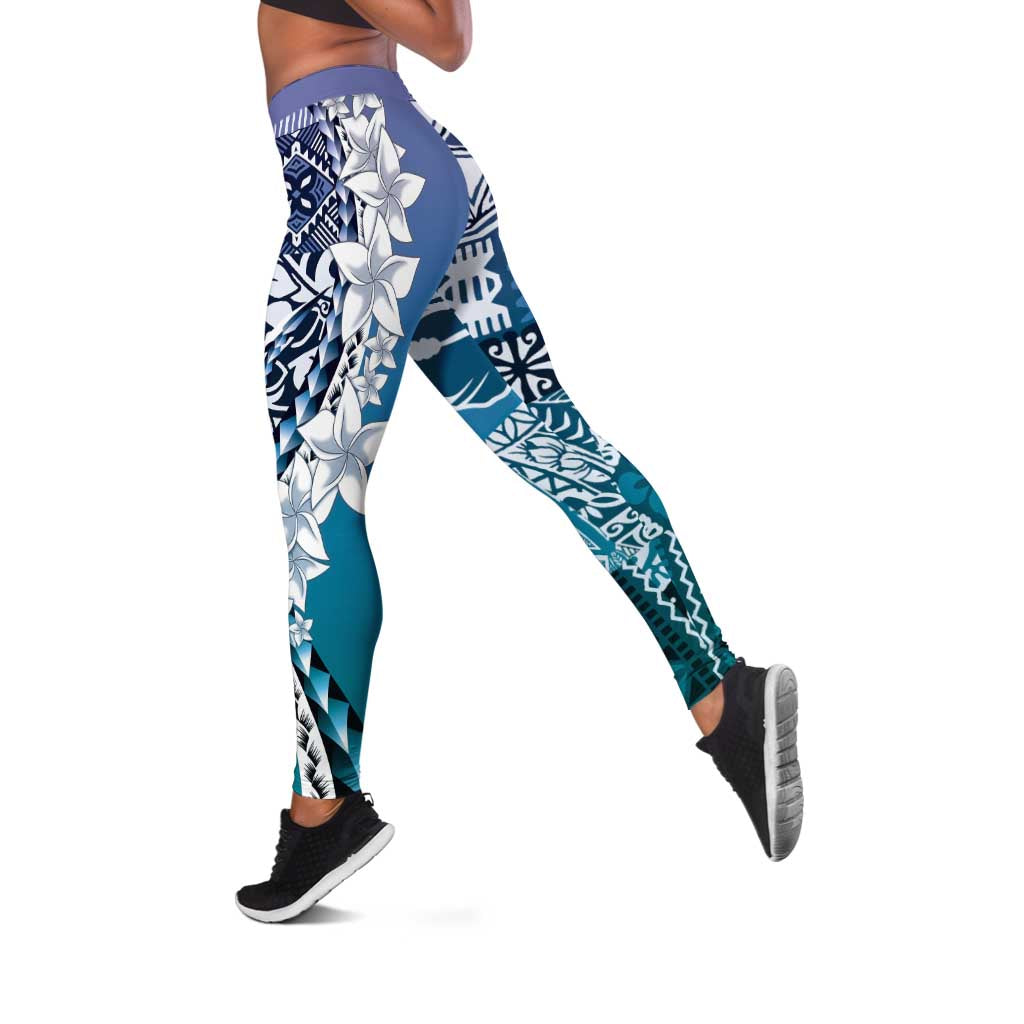 Aloha Vintage Plumeria Hawaiian Tapa Pattern Leggings Blue Hawaiian Tapa Pattern - Polynesian Pride