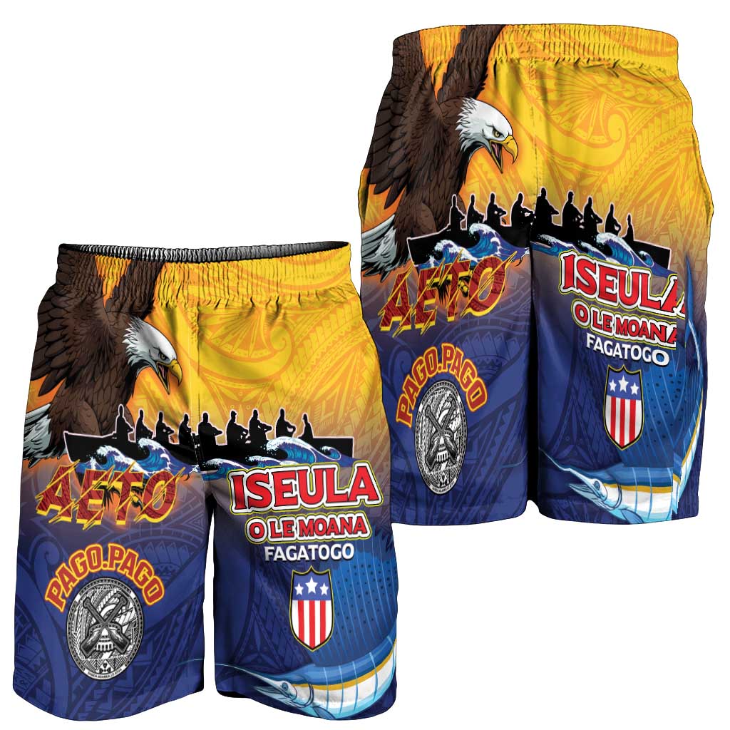 American Samoa Fautasi Shorts for Men Bald Eage and Sailfish with Kakau Motifs - Polynesian Pride