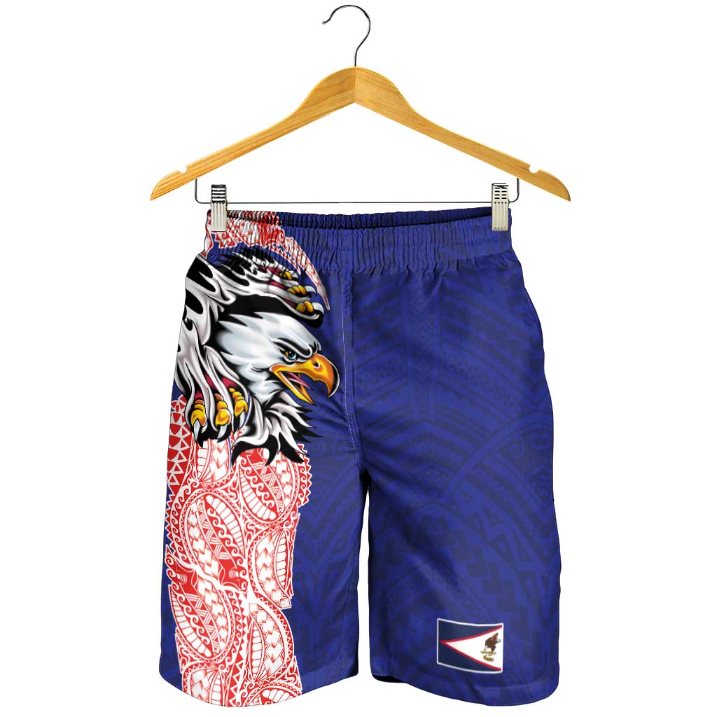 American Samoa Shorts for Men Tribal Tattoo with Eagle Blue-Red