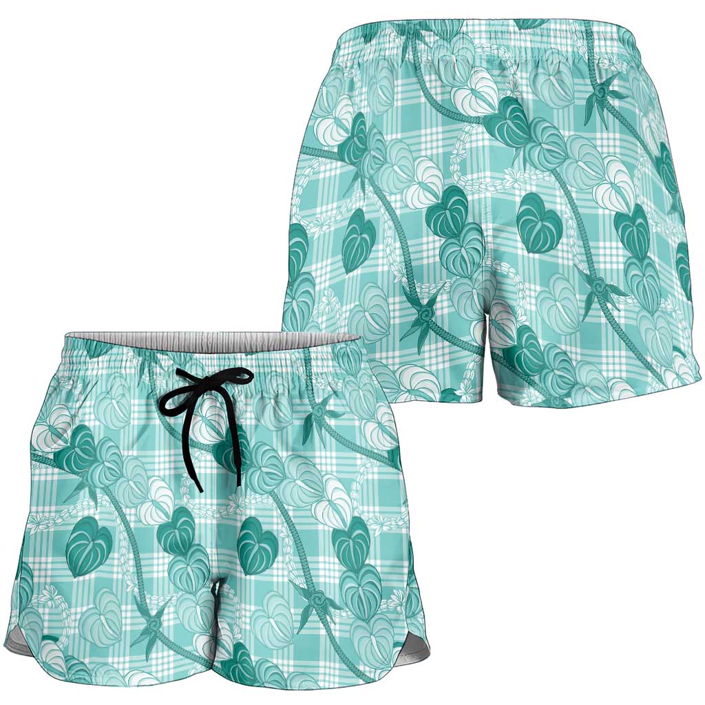 Anthurium Pikake Ti Leaf Palaka Shorts for Women Turquoise Version LT01 - Polynesian Pride