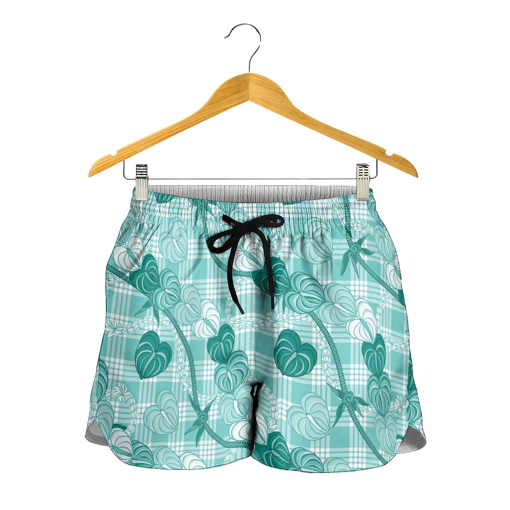 Anthurium Pikake Ti Leaf Palaka Shorts for Women Turquoise Version LT01 - Polynesian Pride