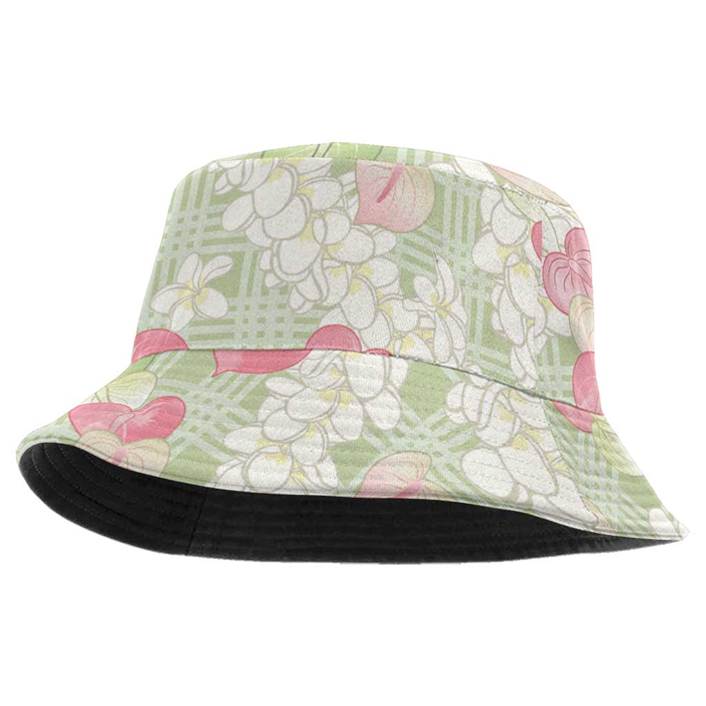 Anthurium Plumeria Lei Pastel Bucket Hat Green Hawaiian Splendid Palaka LT01 One Size Green - Polynesian Pride