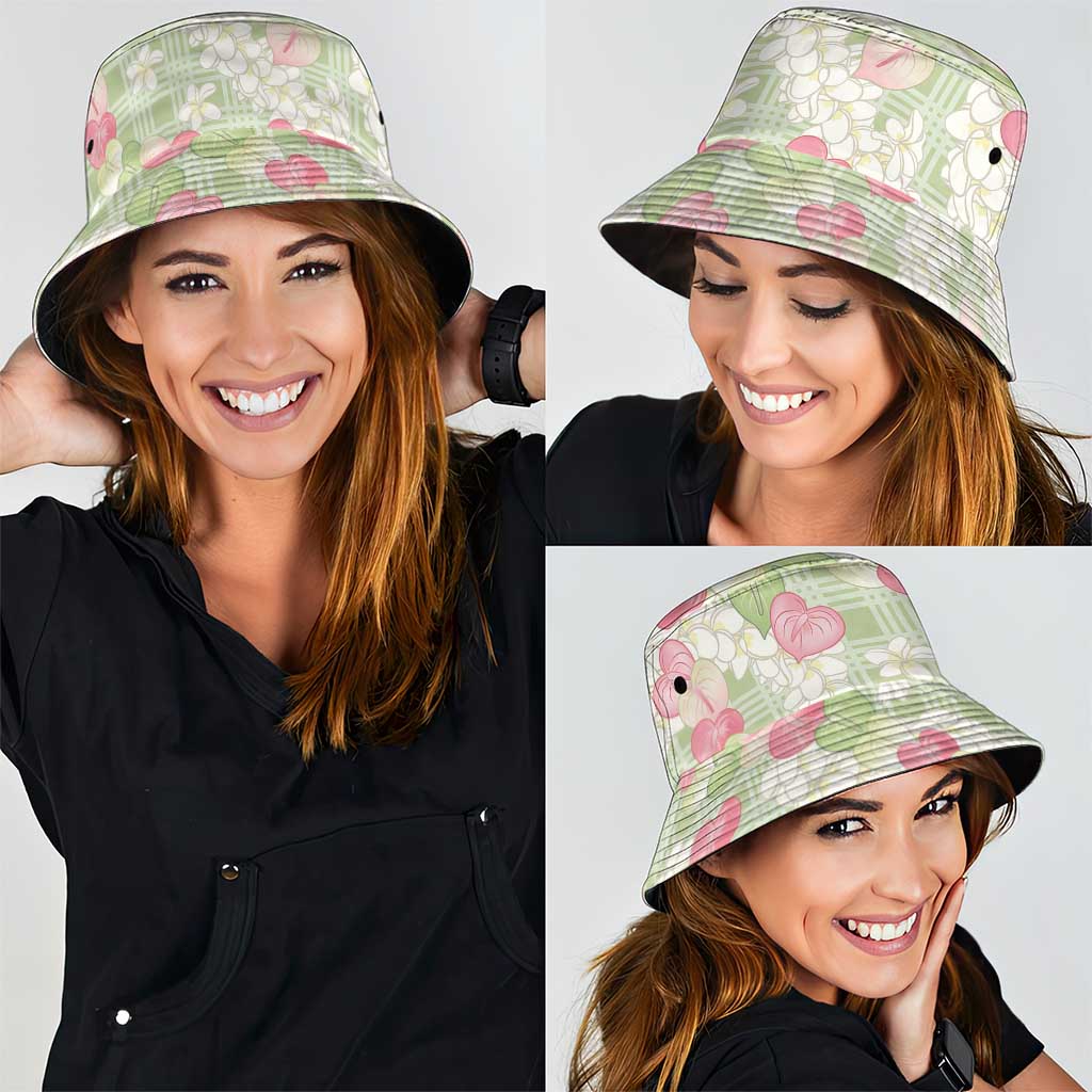 Anthurium Plumeria Lei Pastel Bucket Hat Green Hawaiian Splendid Palaka LT01 - Polynesian Pride