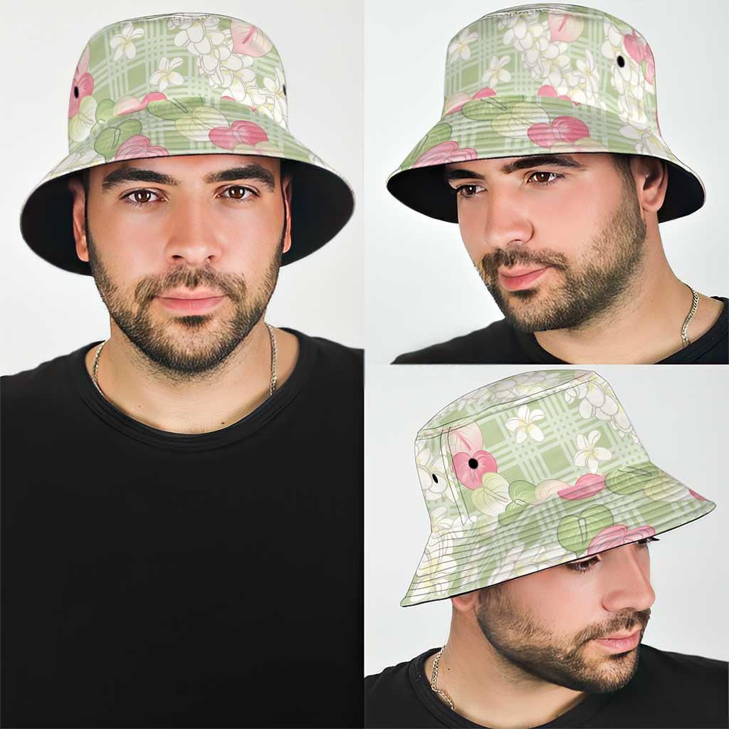 Anthurium Plumeria Lei Pastel Bucket Hat Green Hawaiian Splendid Palaka LT01 - Polynesian Pride