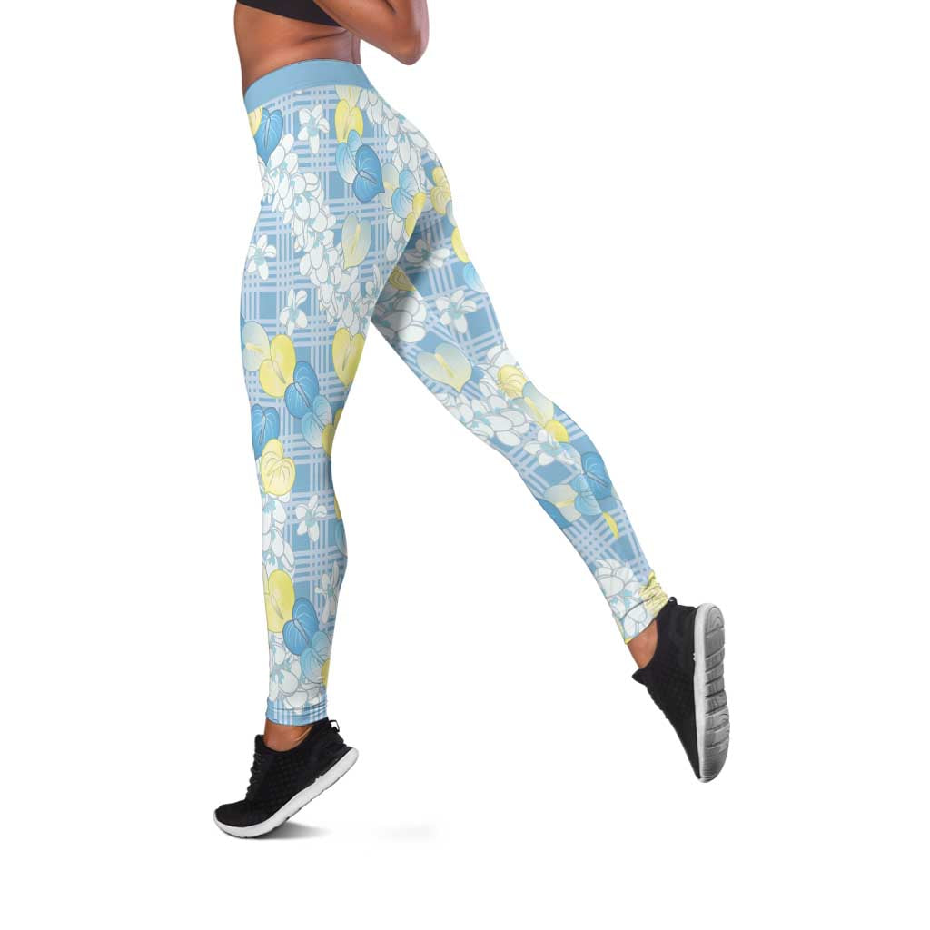 Anthurium Plumeria Lei Pastel Leggings Blue Hawaiian Splendid Palaka LT01 Blue - Polynesian Pride