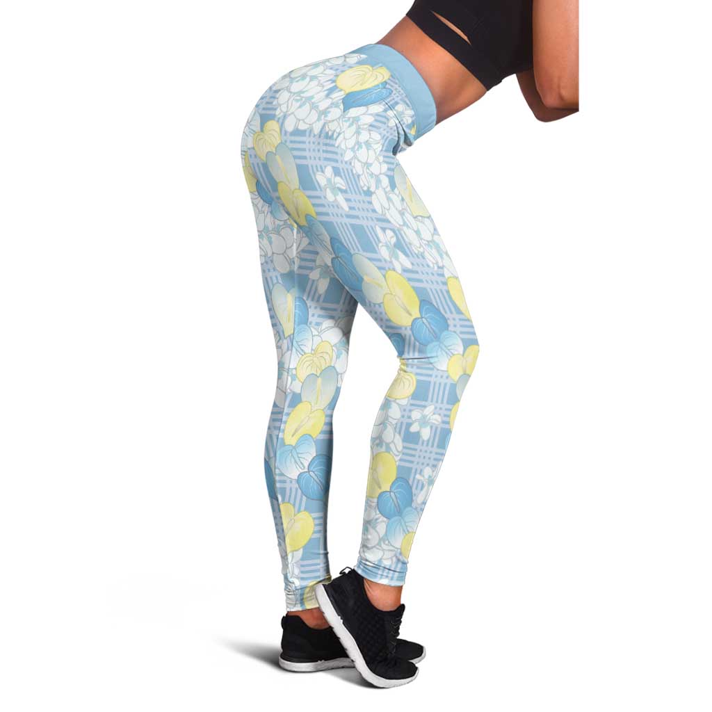 Anthurium Plumeria Lei Pastel Leggings Blue Hawaiian Splendid Palaka LT01 - Polynesian Pride