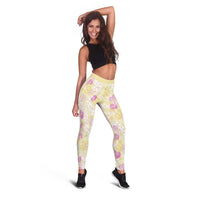 Anthurium Plumeria Lei Pastel Leggings Yellow Hawaiian Splendid Palaka LT01 - Polynesian Pride