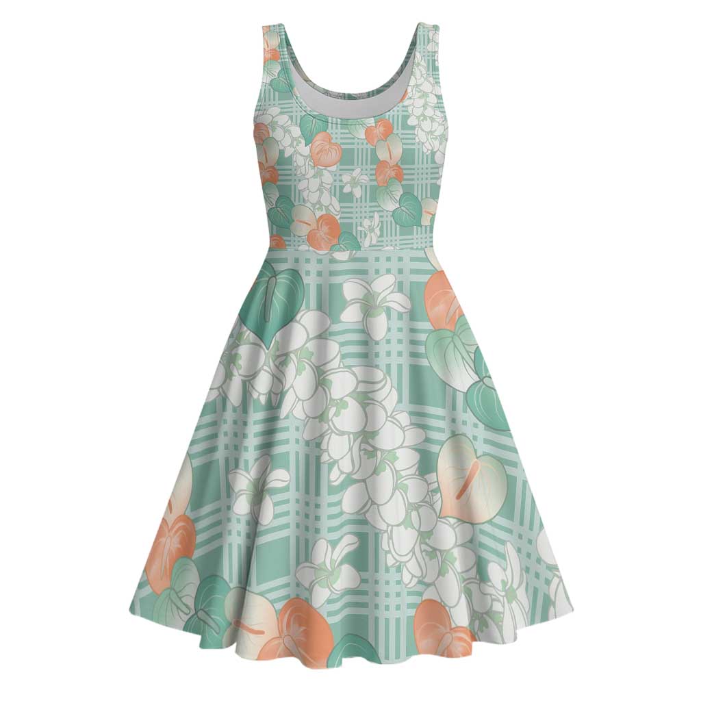 Anthurium Plumeria Lei Pastel Midi Dress Teal Hawaiian Splendid Palaka