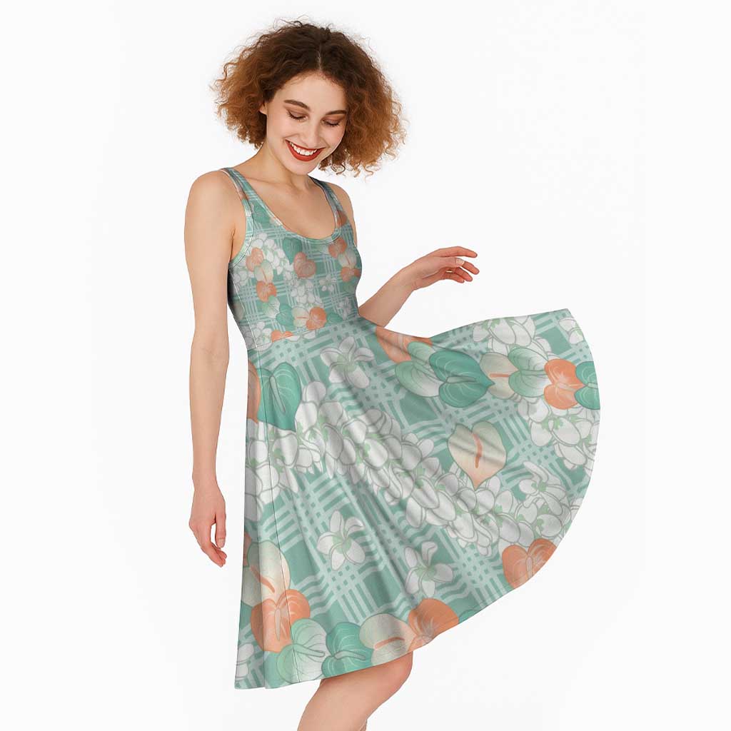 Anthurium Plumeria Lei Pastel Midi Dress Teal Hawaiian Splendid Palaka