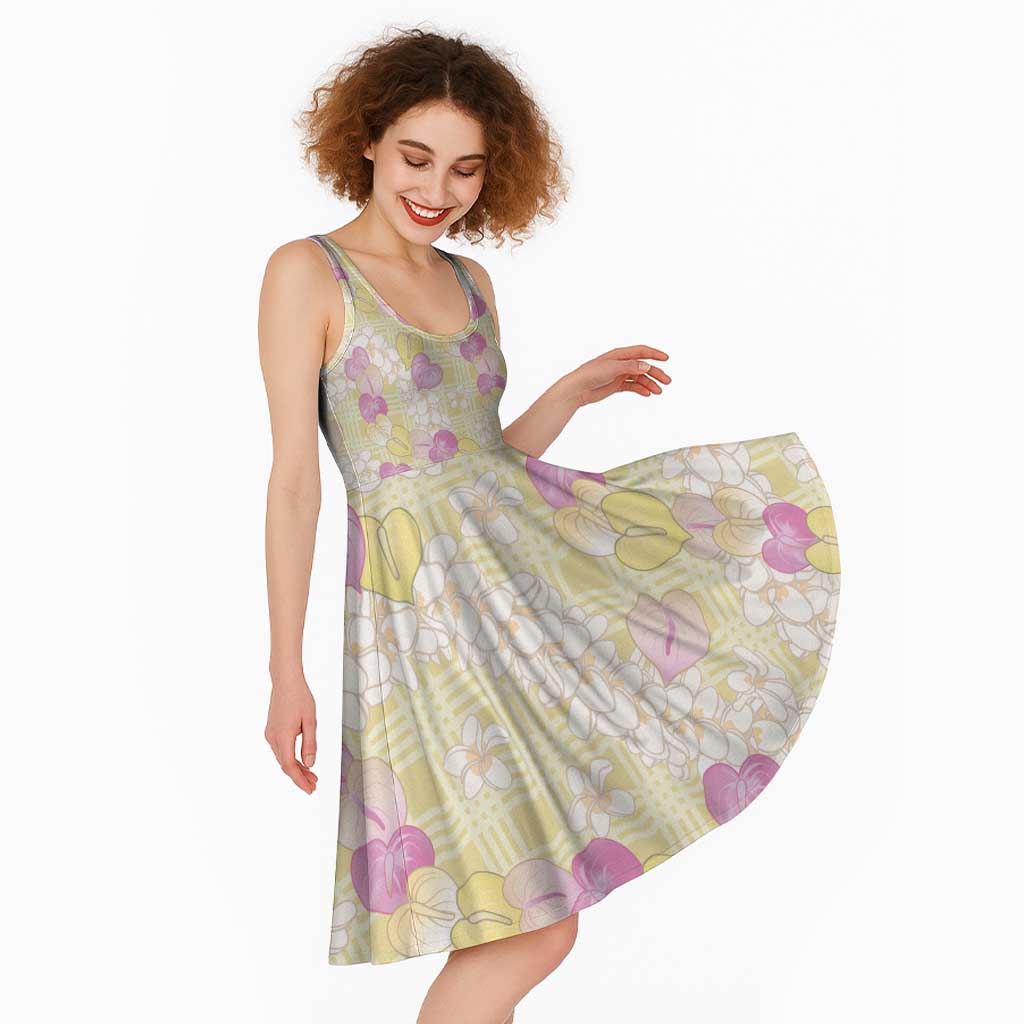 Anthurium Plumeria Lei Pastel Midi Dress Yellow Hawaiian Splendid Palaka