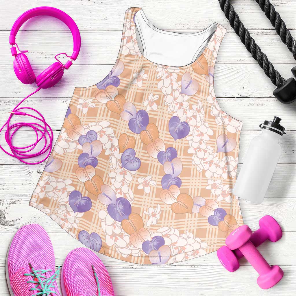 Anthurium Plumeria Lei Pastel Women Racerback Tank Orange Hawaiian Splendid Palaka LT01 Orange - Polynesian Pride