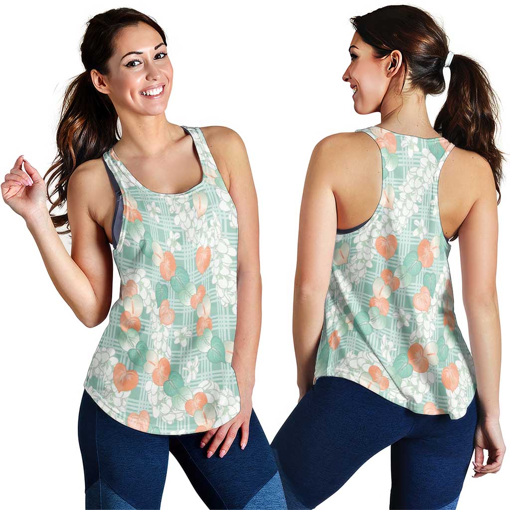 Anthurium Plumeria Lei Pastel Women Racerback Tank Teal Hawaiian Splendid Palaka LT01 - Polynesian Pride