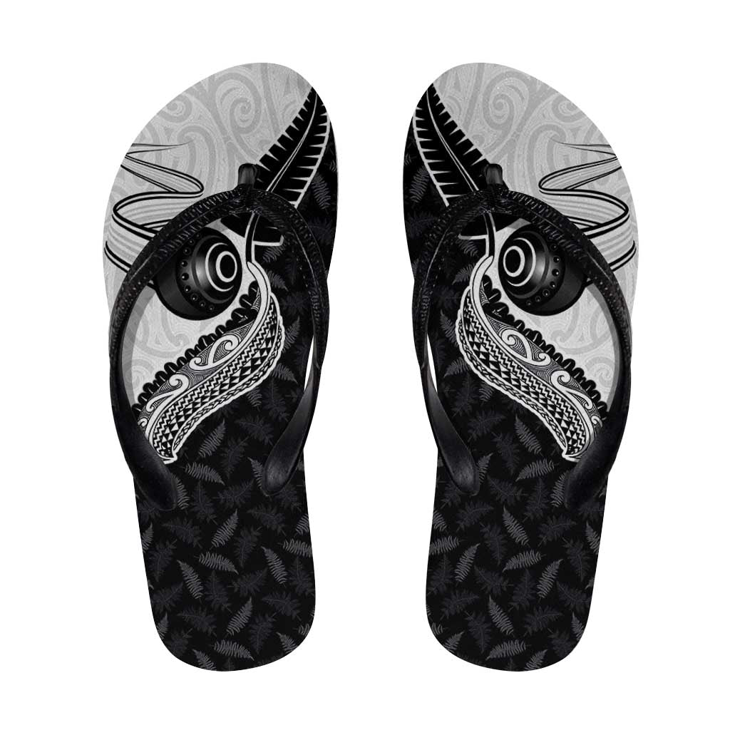 Aotearoa Lawn Bowls Flip Flops Maori and Silver Fern Half Style LT03 White - Polynesian Pride