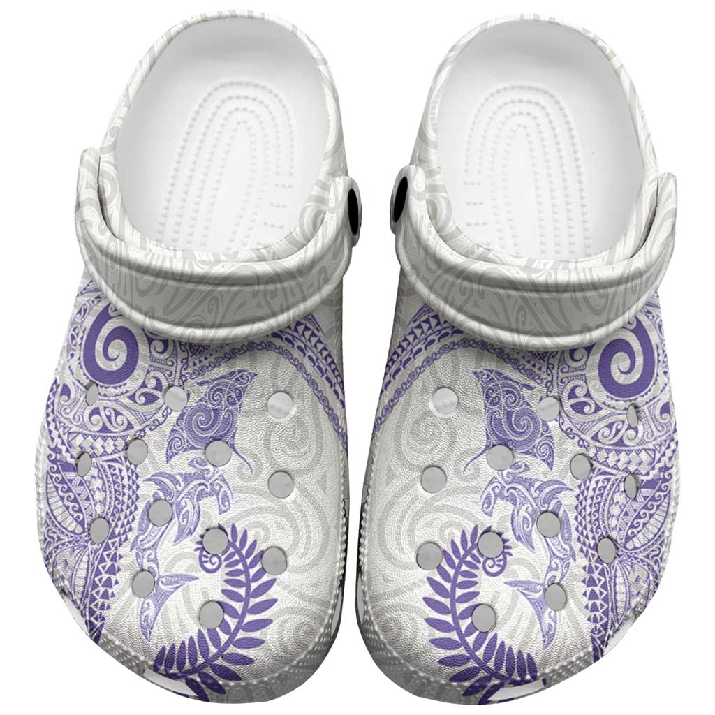 Aotearoa Maori Sea Animals Tribal Clogs Shoes Manta Ray and Shark Moko Pattern Purple Color