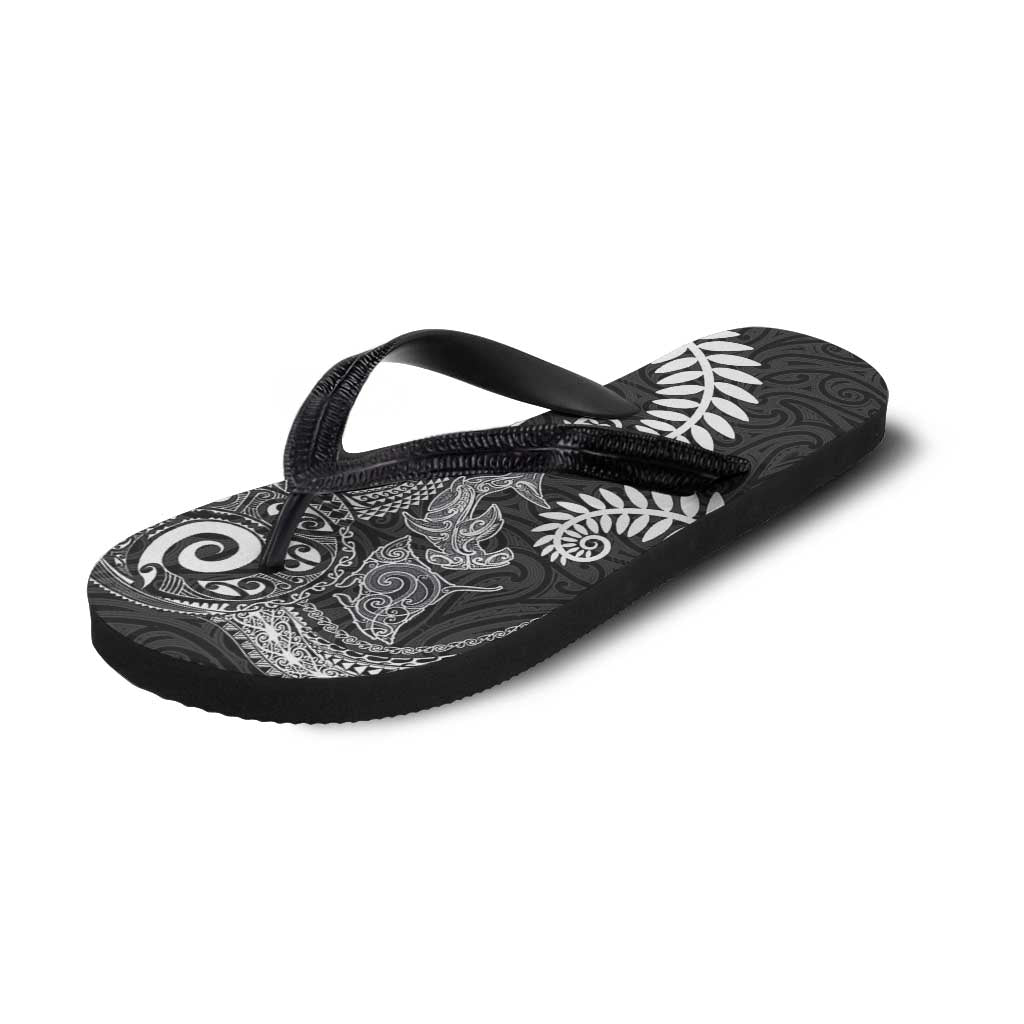 Aotearoa Maori Sea Animals Tribal Flip Flops Manta Ray and Shark Moko Pattern Black Color