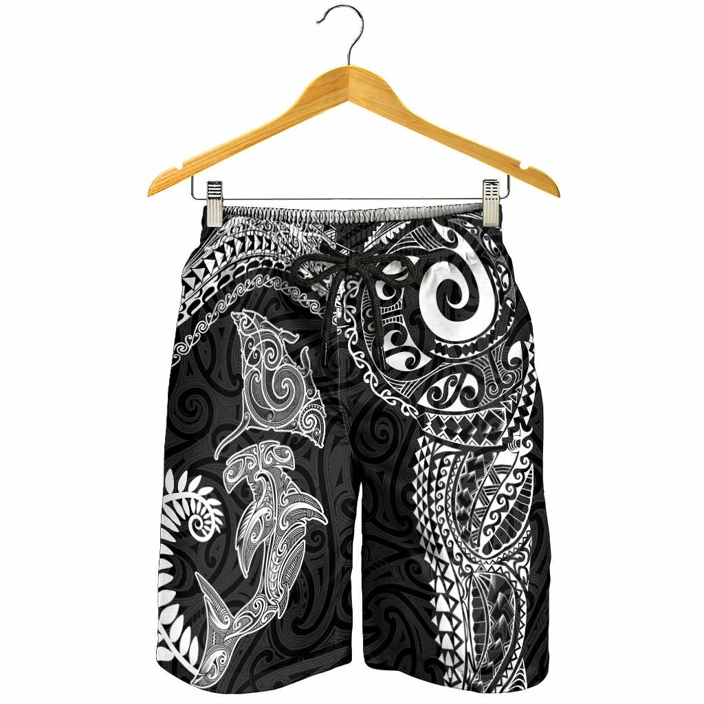 Aotearoa Maori Sea Animals Tribal Shorts for Men Manta Ray and Shark Moko Pattern Black Color
