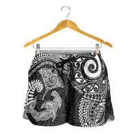 Aotearoa Maori Sea Animals Tribal Shorts for Women Manta Ray and Shark Moko Pattern Black Color
