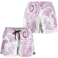 Aotearoa Maori Sea Animals Tribal Shorts for Women Manta Ray and Shark Moko Pattern Pink Color