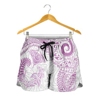 Aotearoa Maori Sea Animals Tribal Shorts for Women Manta Ray and Shark Moko Pattern Pink Color