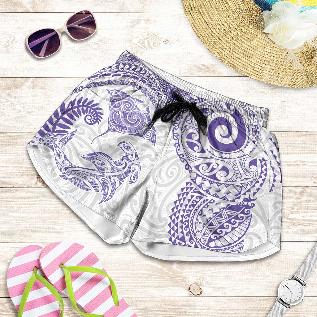 Aotearoa Maori Sea Animals Tribal Shorts for Women Manta Ray and Shark Moko Pattern Purple Color