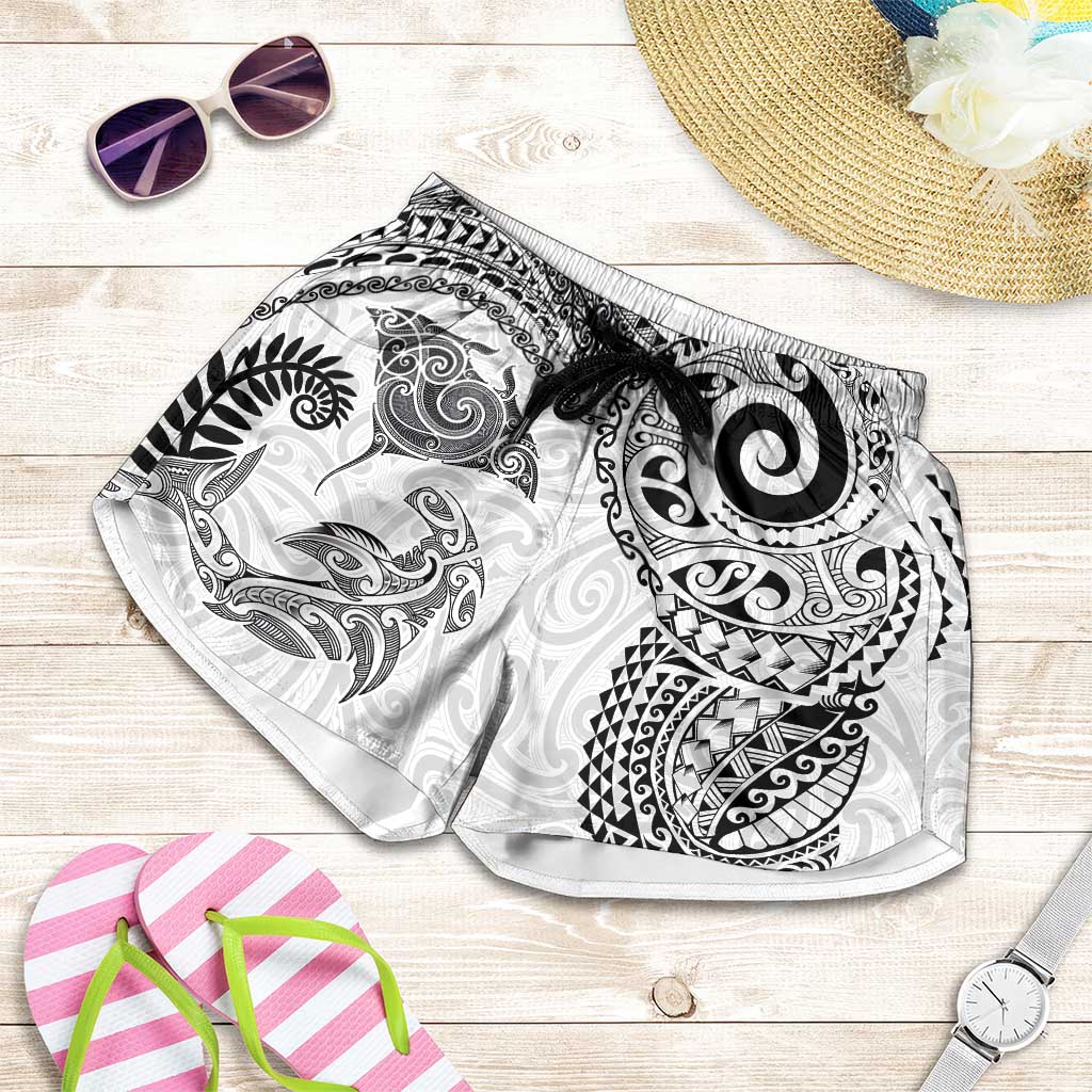 Aotearoa Maori Sea Animals Tribal Shorts for Women Manta Ray and Shark Moko Pattern White Color